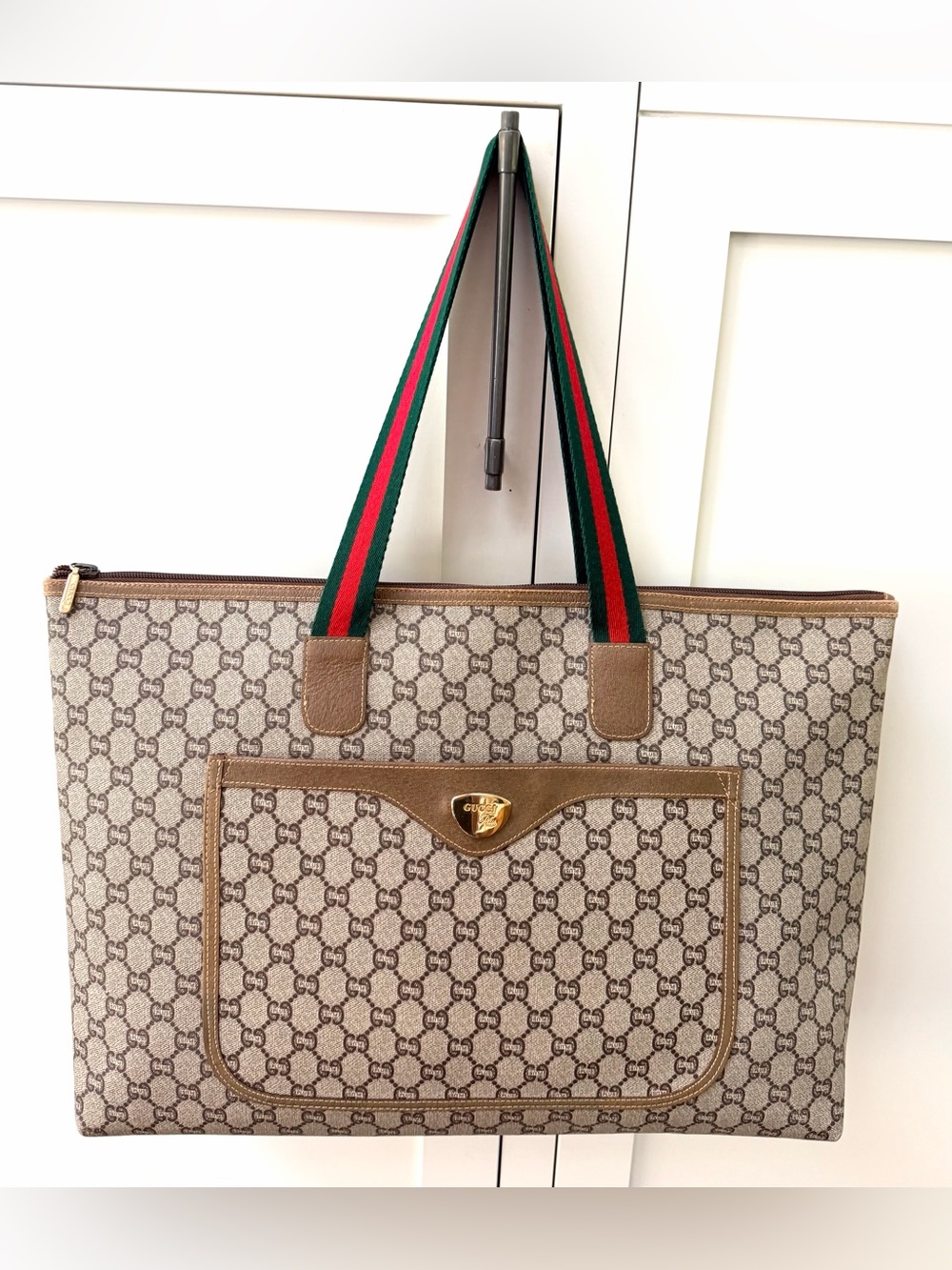 GUCCI PLUS Vintage GG Supreme Monogram Zip Top Tote Sherry Web Large Travel Bag